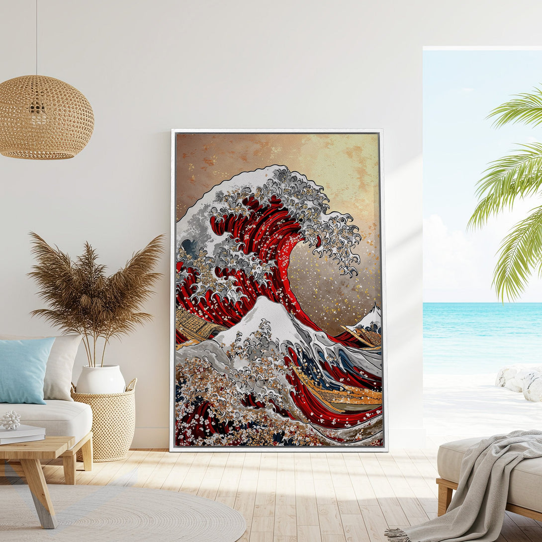 Framed Wall Art: Japanese wave art in red, gold, and gray. Coastal decor inspiration for your home. Transform your space with this stunning canvas print.