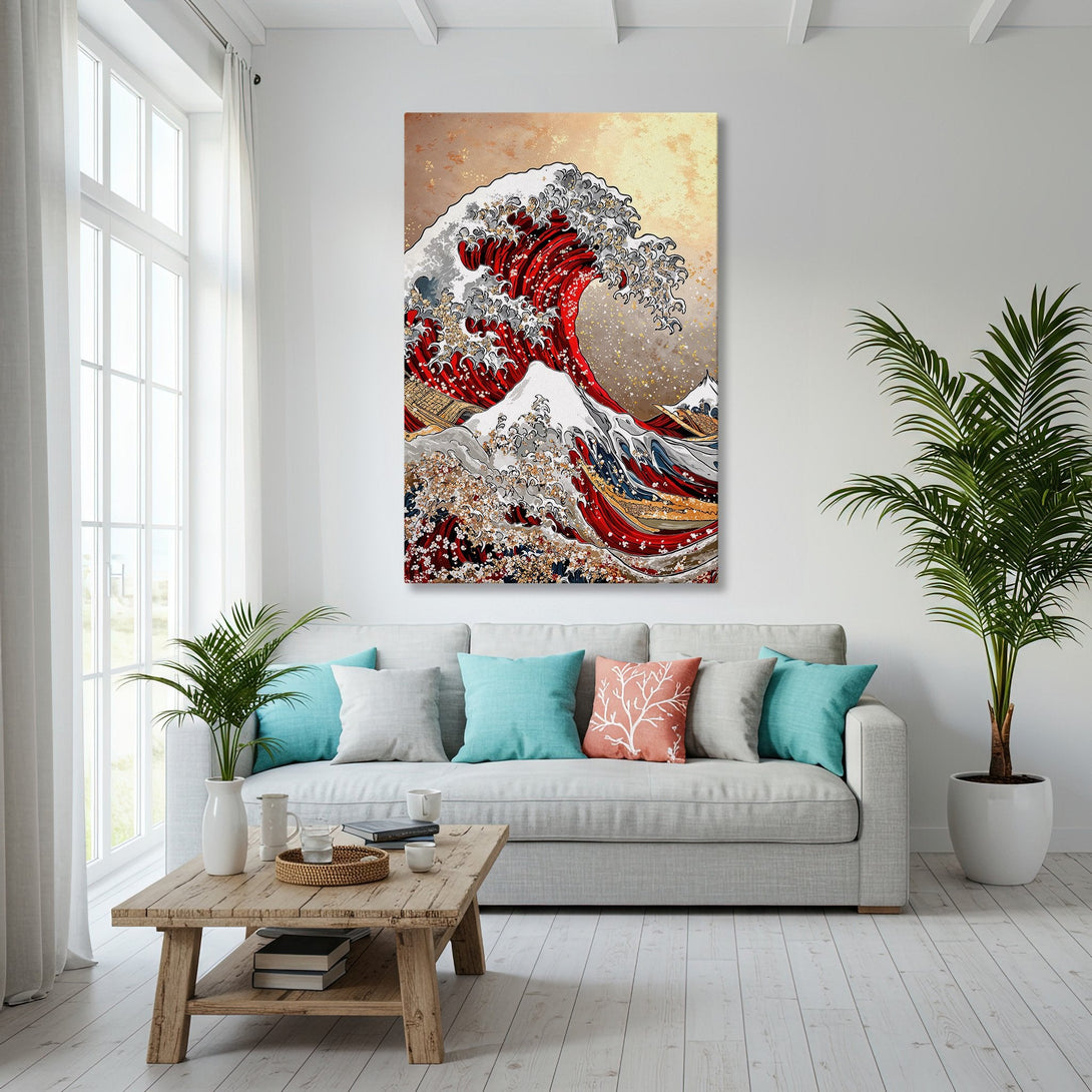 Framed Wall Art: Japanese wave art in red, gold, and neutral tones. Coastal living room decor with a modern, elegant style.