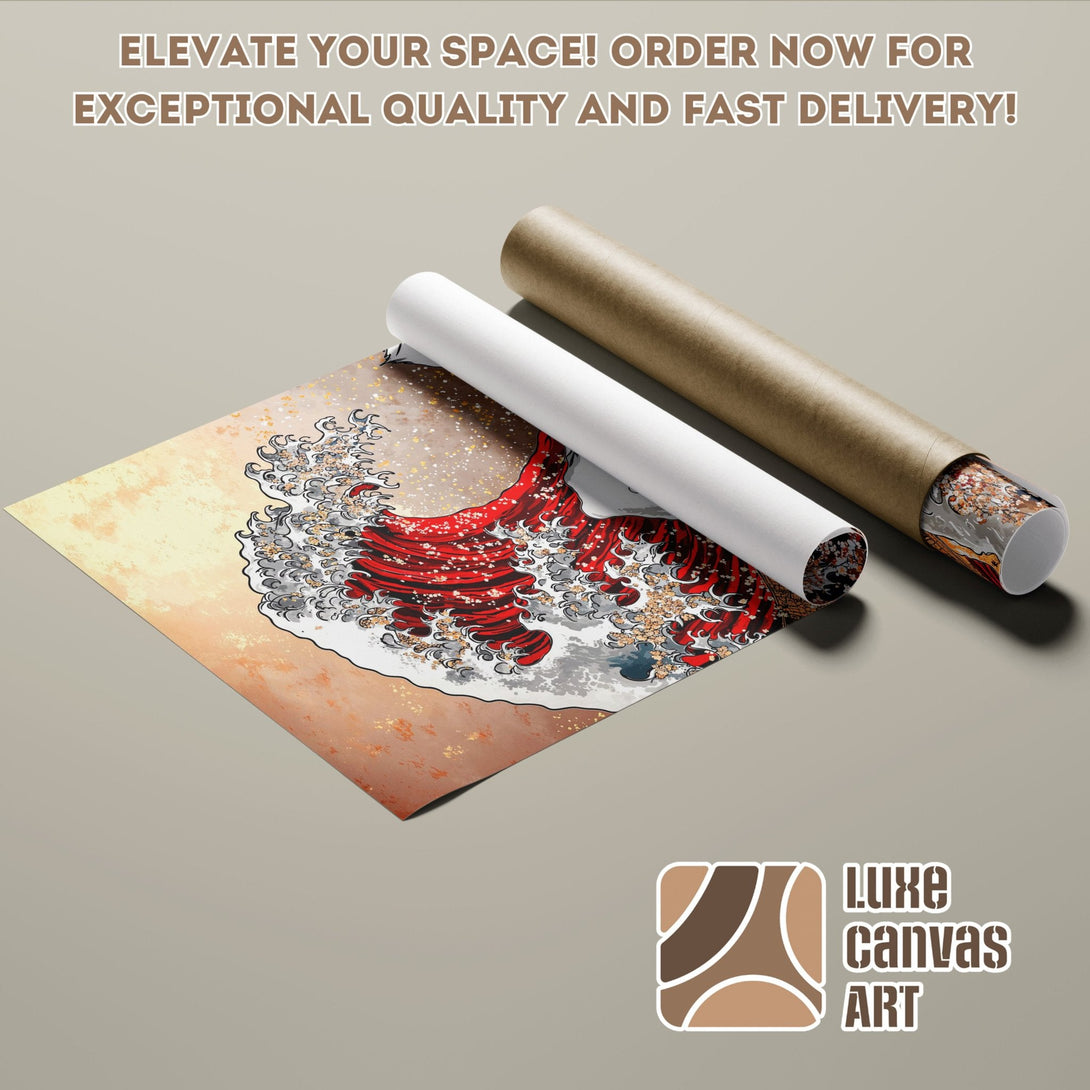 Poster Roll featuring a Japanese wave design in red, gold, and gray tones.