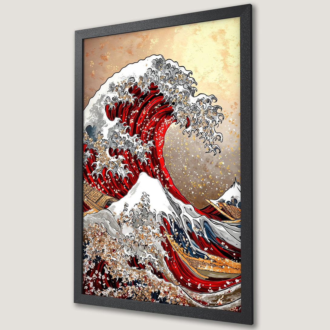 Framed Poster featuring a stylized Japanese wave in red, white, and gold. Perfect wall art for adding a touch of elegance and culture to your space.