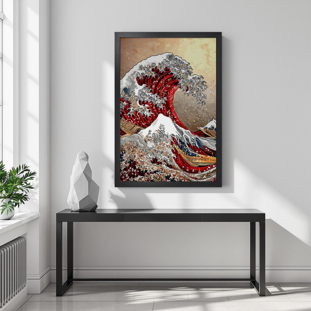 Framed Poster of iconic Japanese wave art. Stunning red, gray, and gold color palette. Perfect wall decor for any space. Shop now!