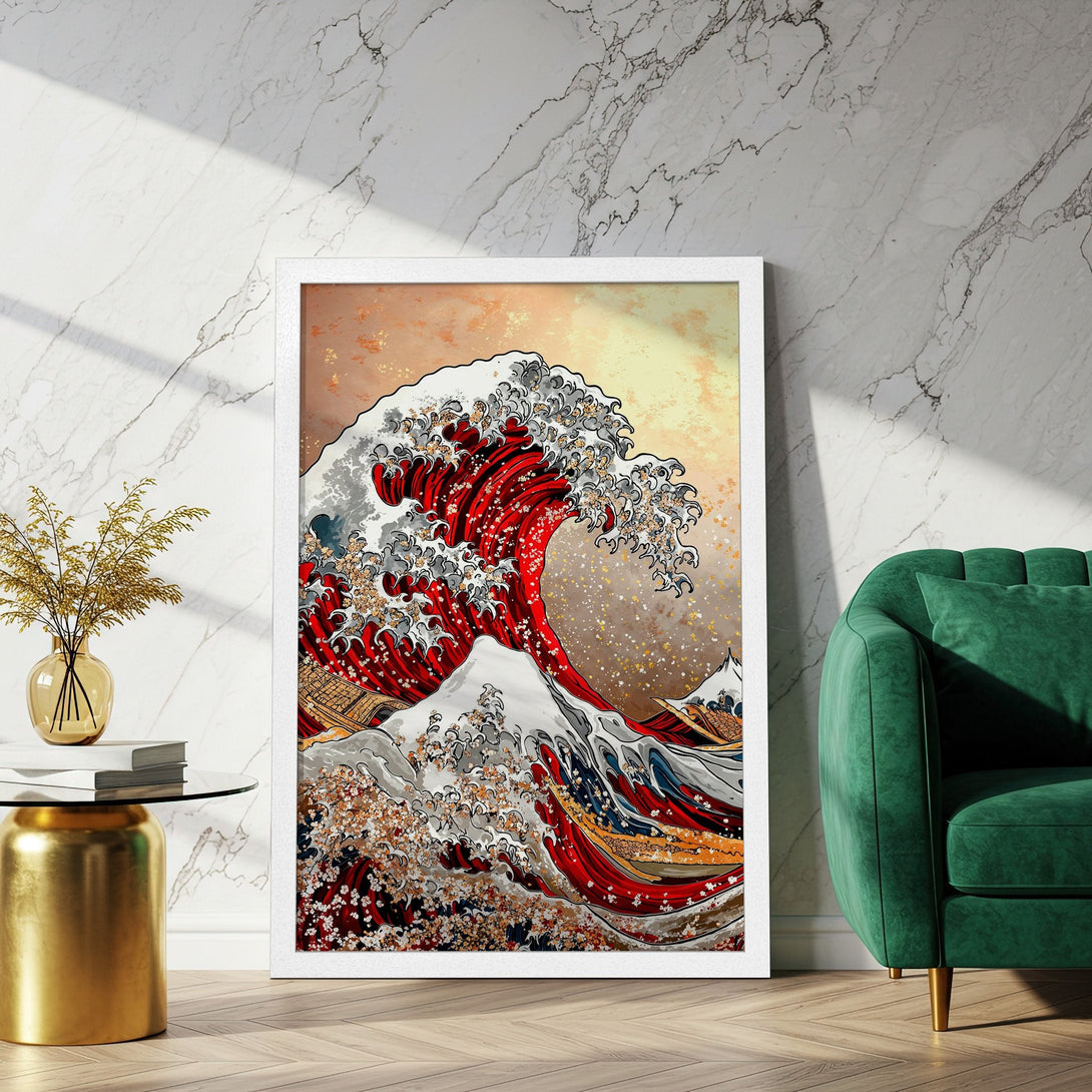 Framed Poster of a Japanese wave art print. Features a bold red, white, and blue color palette. Perfect for adding a touch of art to your home.