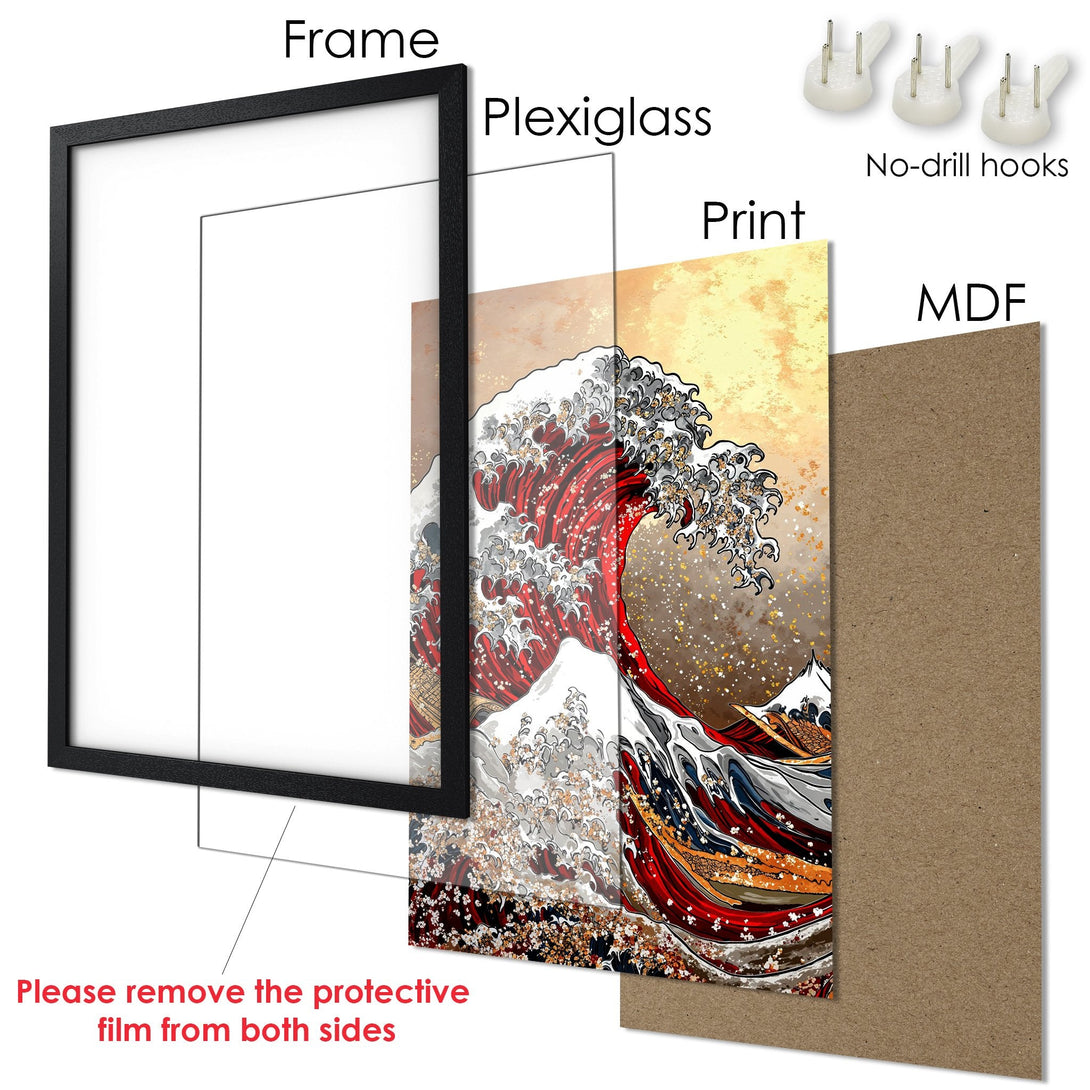 Framed Poster featuring a Japanese wave art print. Bold red, white, and gold color palette. Perfect wall art for your home!