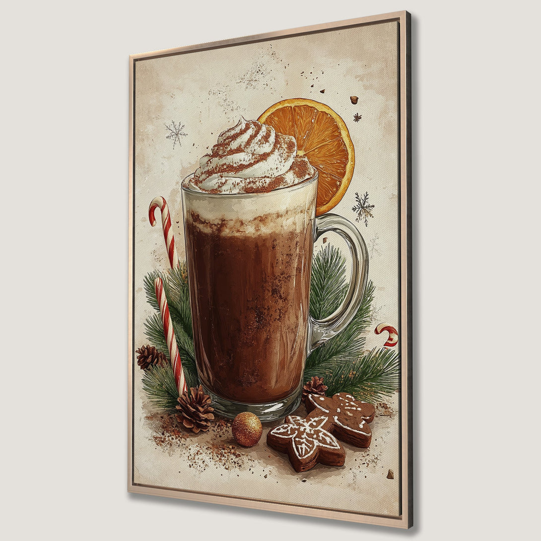 Framed Wall Art: Cozy holiday scene with hot chocolate, candy canes, and gingerbread cookies. Warm, inviting color palette. Perfect for festive decor.