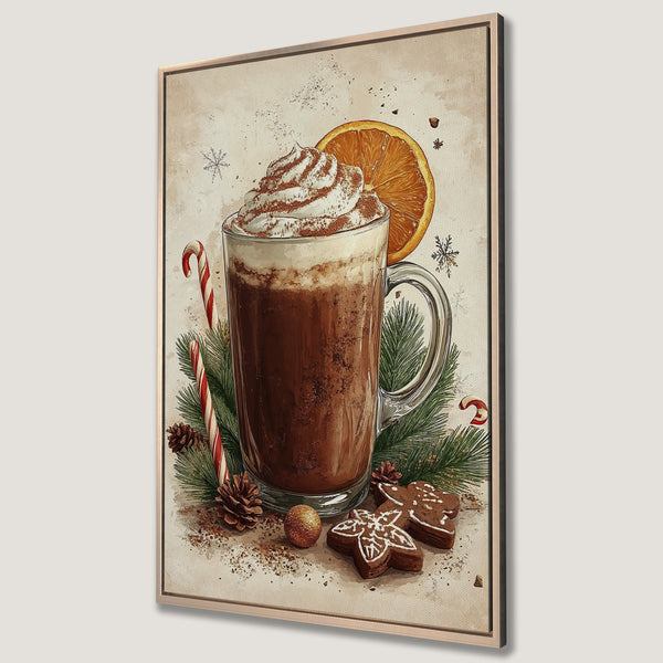 Framed Wall Art: Cozy holiday scene with hot chocolate, candy canes, and gingerbread cookies. Warm, inviting color palette. Perfect for festive decor.