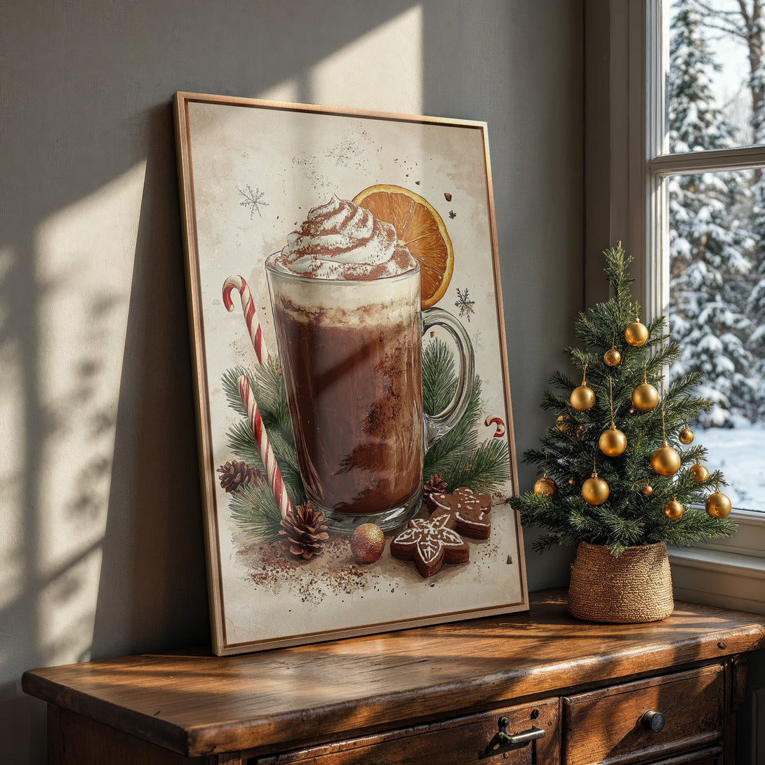 Framed Wall Art: Watercolor illustration of a festive hot chocolate. Warm, inviting color palette. Perfect holiday decor for a cozy home.