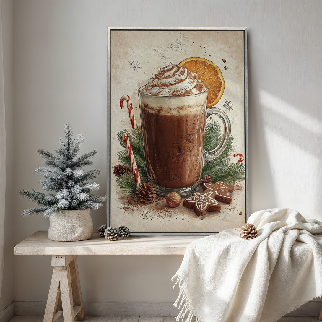 Framed Wall Art featuring a cozy watercolor illustration of hot chocolate, candy canes, and gingerbread cookies in warm, inviting tones. Perfect holiday decor!
