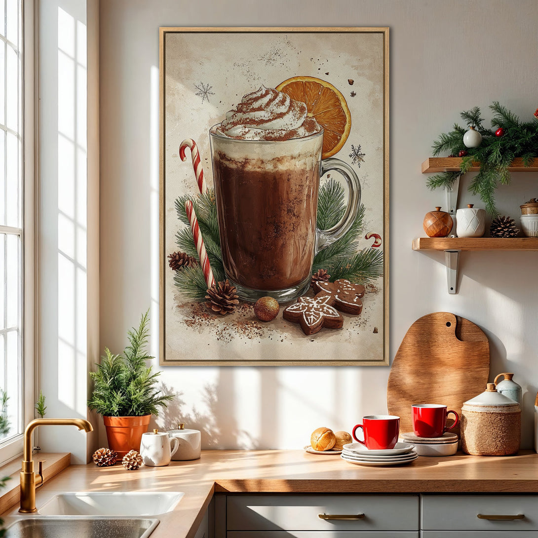 Cozy framed wall art featuring a hot chocolate illustration in warm, inviting tones. Perfect for kitchen decor and holiday vibes!