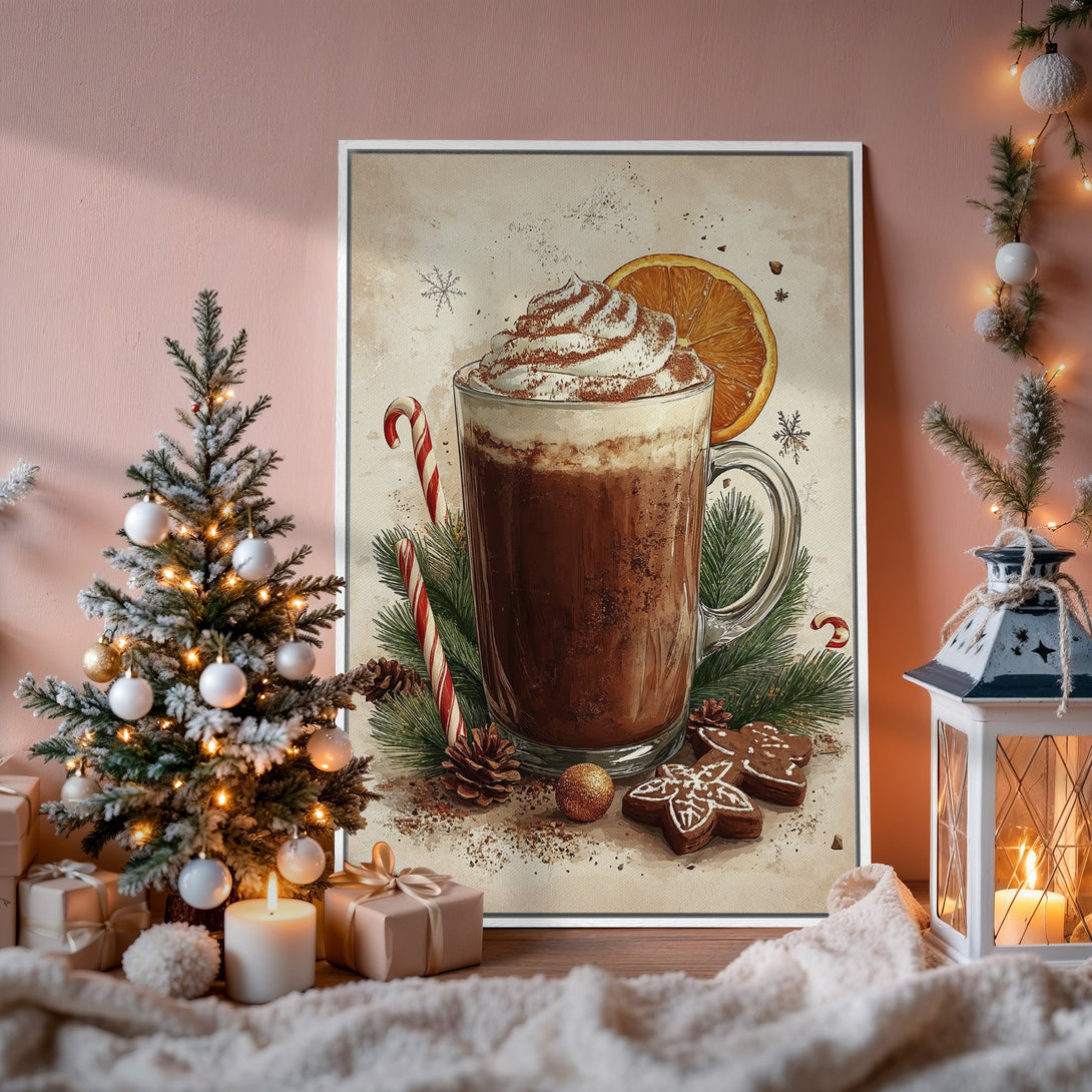 Framed Wall Art: Cozy Christmas scene with hot chocolate art print in warm tones. Perfect holiday decor for your home!