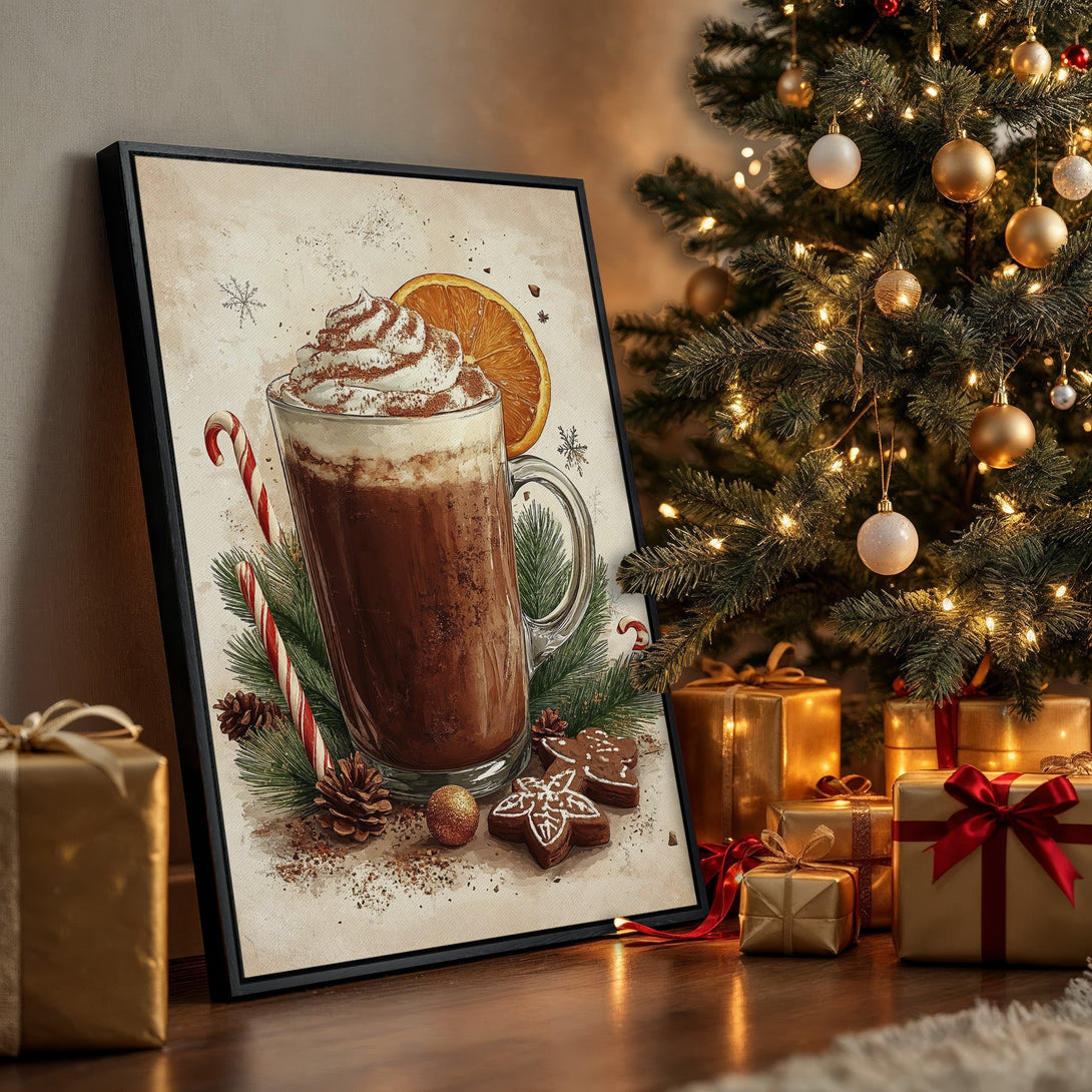 Framed Wall Art: Cozy Christmas scene with a hot chocolate illustration, warm brown tones, and a festive holiday aesthetic. Perfect for winter decor.
