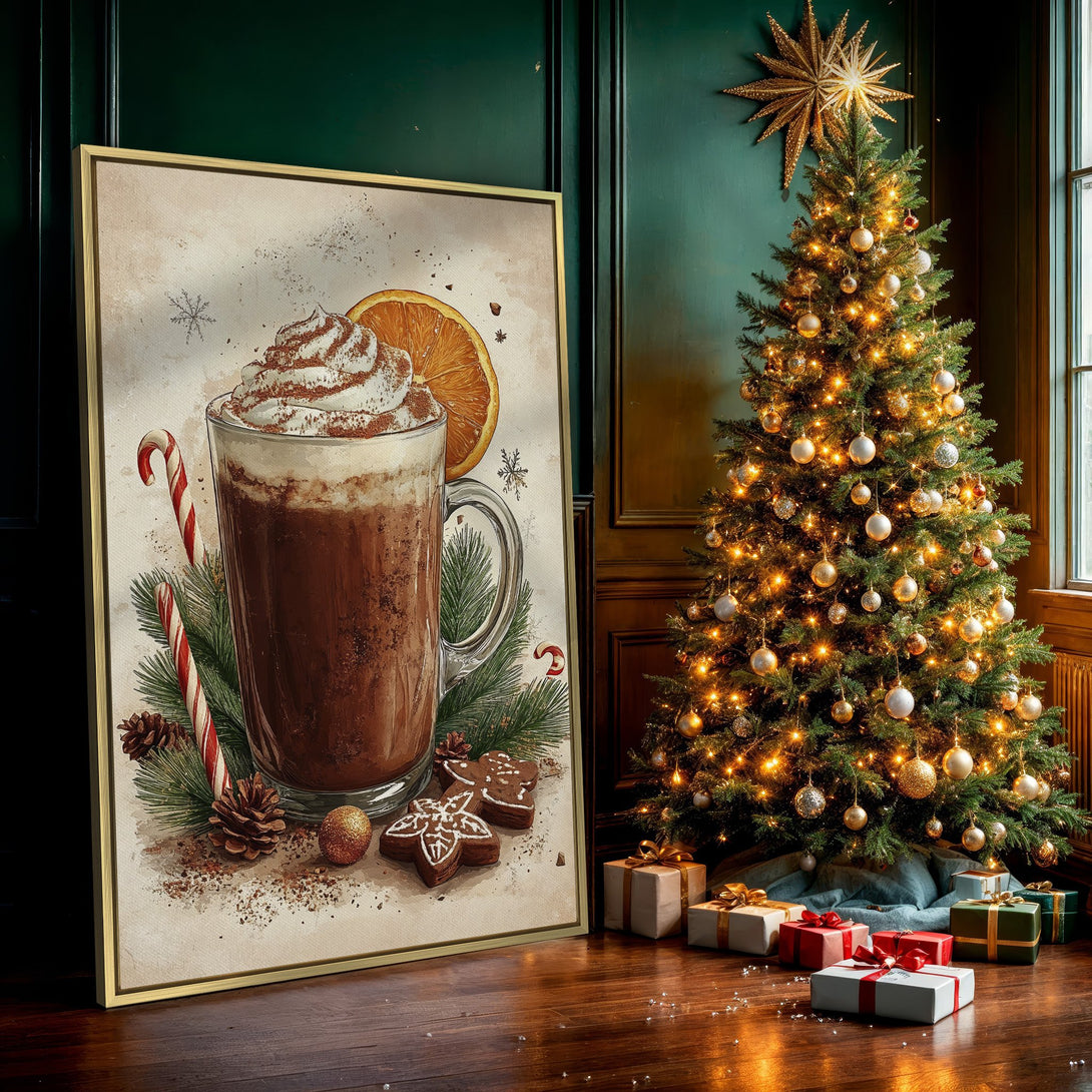 Canvas Print of a cozy winter scene with hot chocolate, warm tones, and festive decor. Perfect holiday wall art!