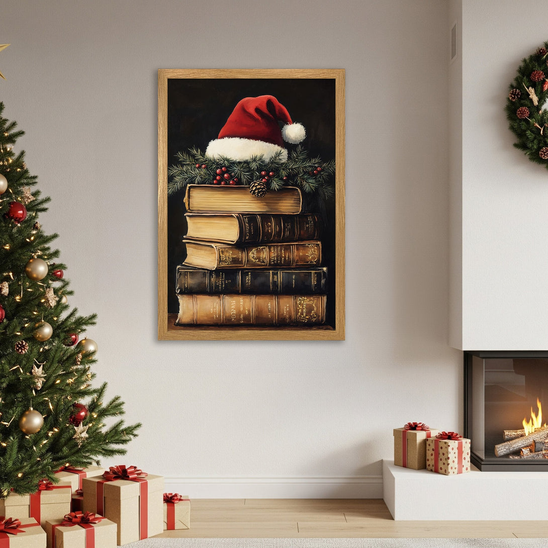 Framed Poster featuring Santa hat on books, warm tones, perfect Christmas decor.
