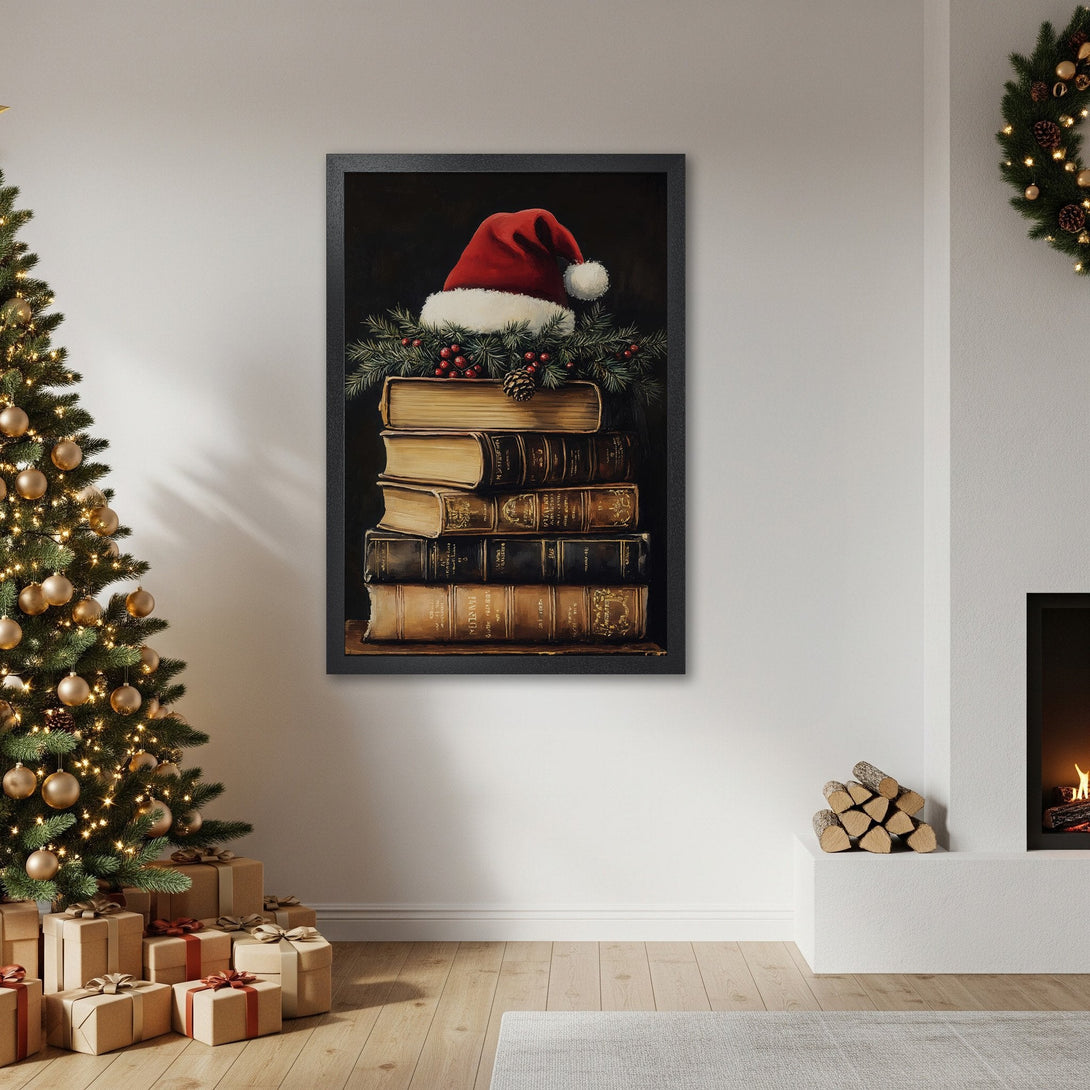 Framed Poster featuring a Santa hat on books, warm tones, perfect for Christmas decor.