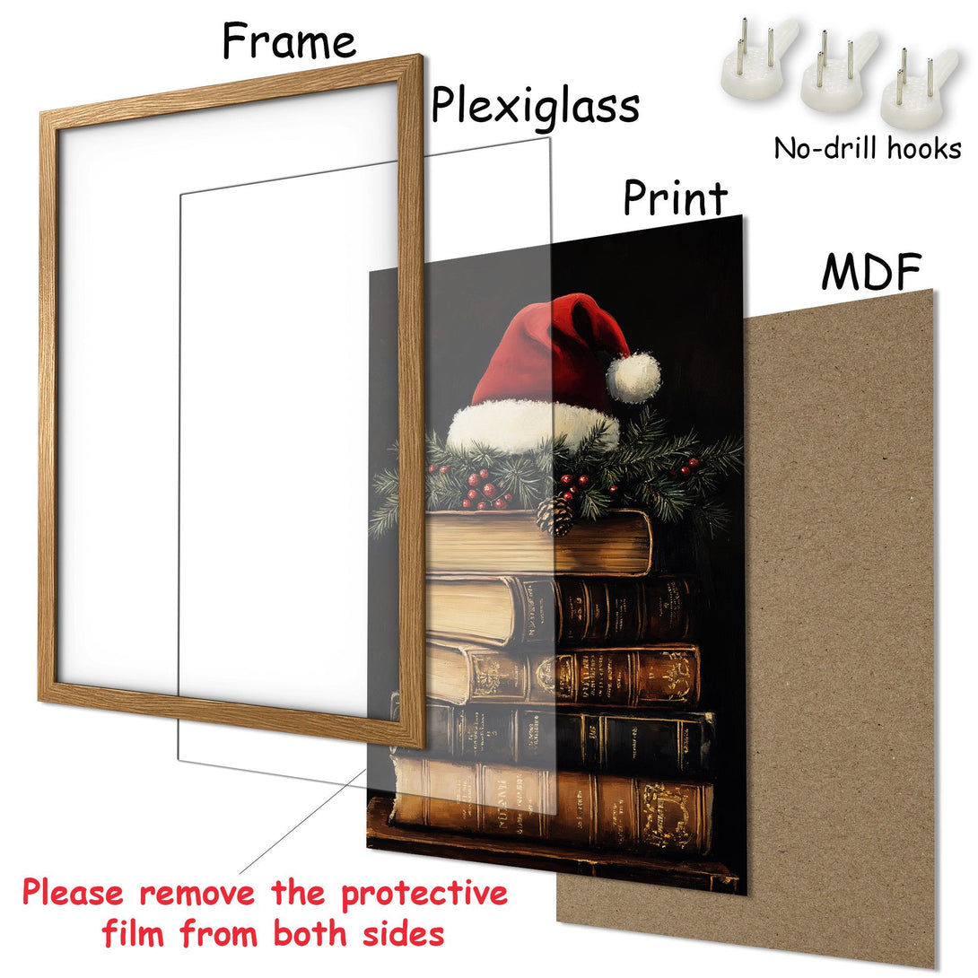 Framed Poster featuring a Santa hat on books, dark and warm tones, perfect holiday decor.
