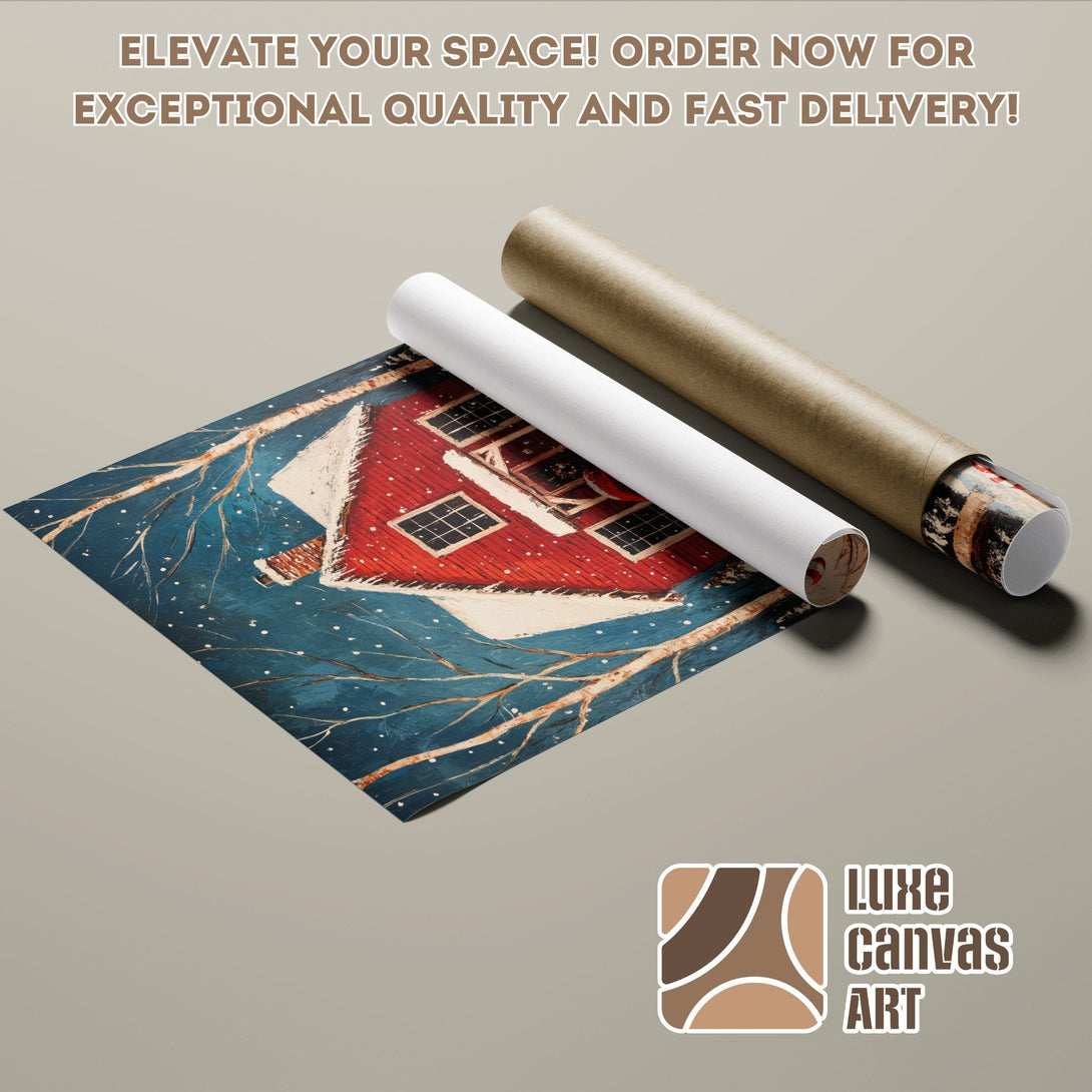Poster Roll of winter cabin art, blue and red palette, perfect for home decor.