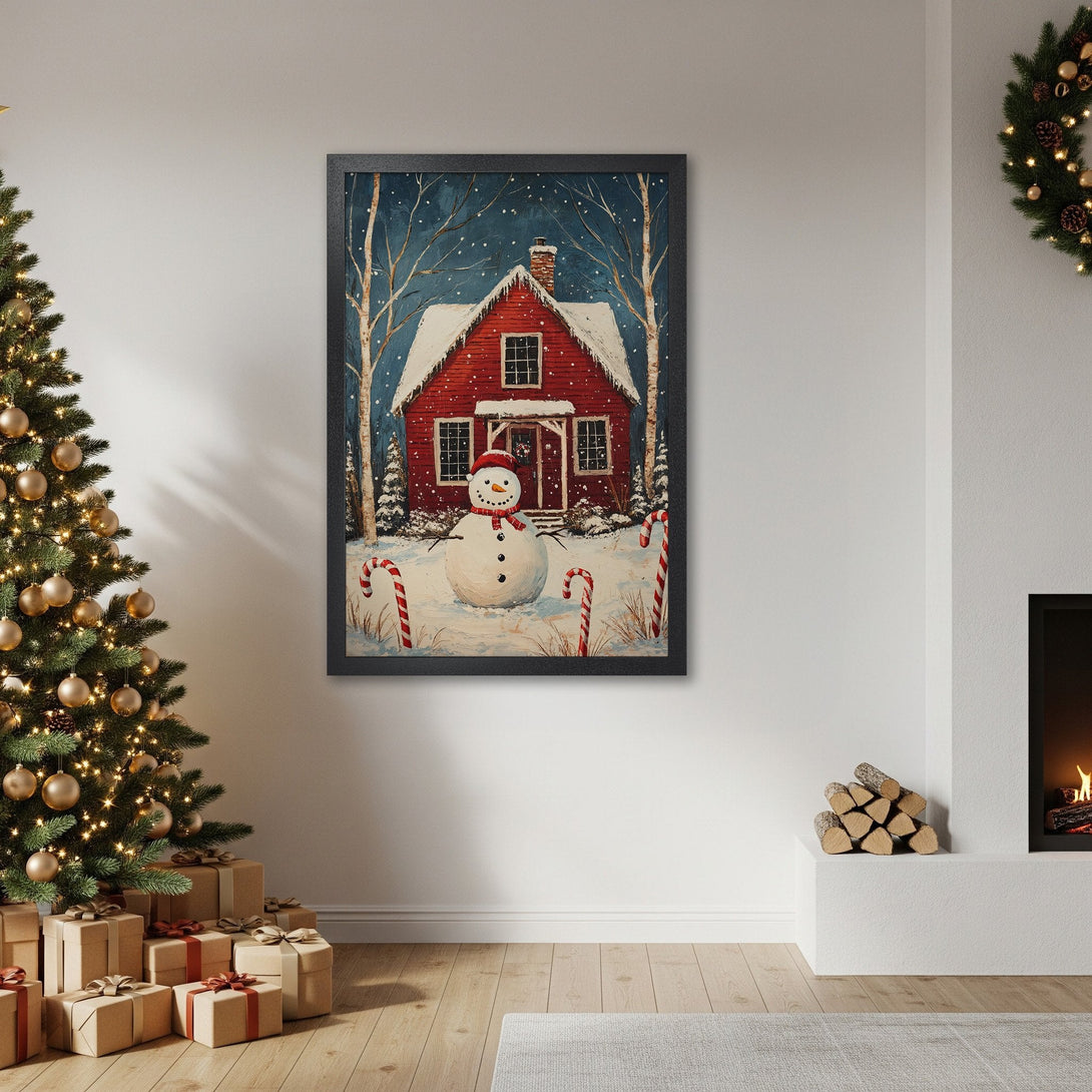 Framed Poster of a festive winter scene with a red house and snowman. Cozy style, blue and red color palette. Perfect Christmas decor.
