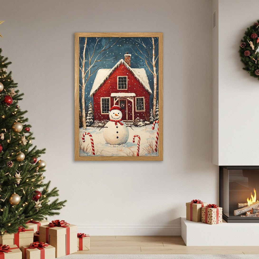 Framed Poster featuring a winter scene with a red house and snowman, painted in a charming style with a blue, red, and white color palette.