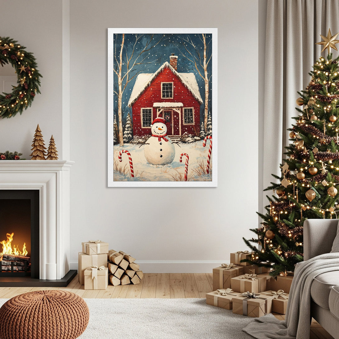 Framed Poster of a winter scene with a red house and snowman. Cozy style, blue, red, and white color palette. Perfect for holiday decor!