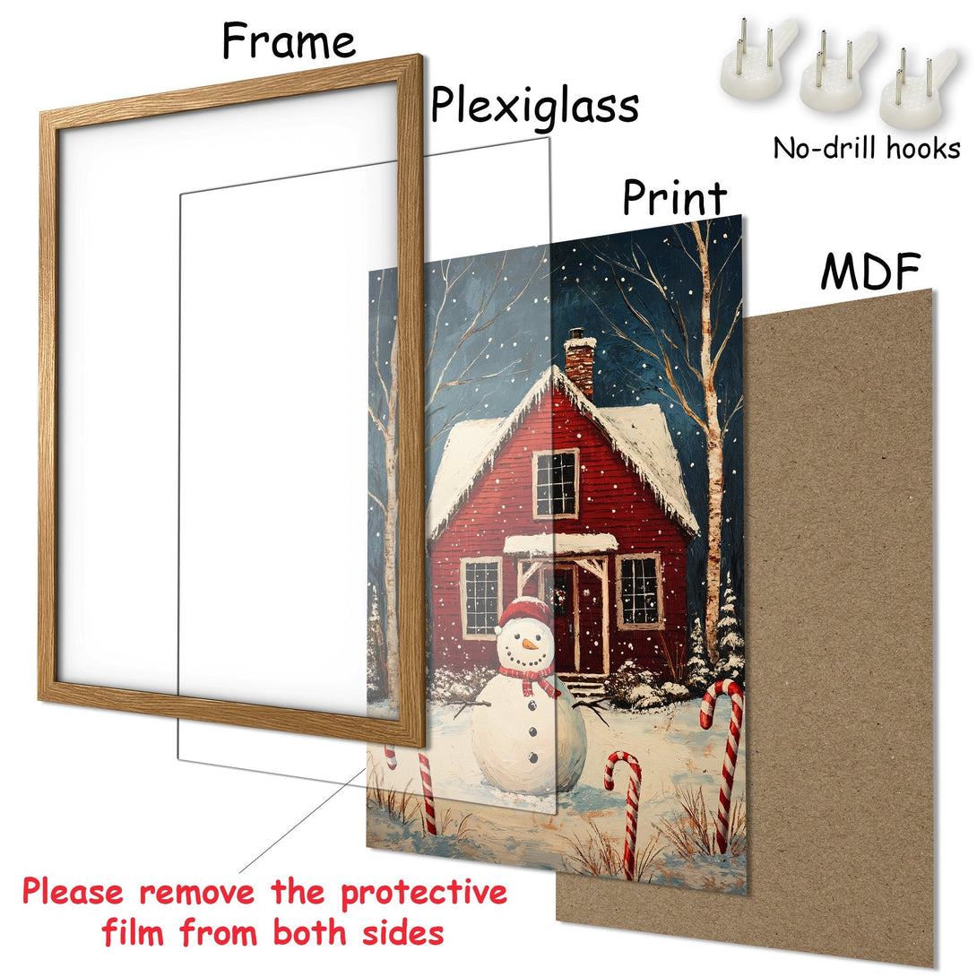 Framed Poster of a winter scene with a red house and snowman. Rustic style with a blue, red, and white color palette, perfect for holiday decor.