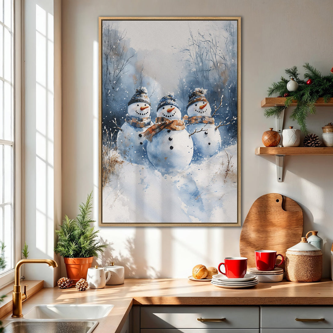 Framed Wall Art: Watercolor painting of snowmen in a winter scene. Blue and white color palette, perfect for holiday decor. Add a touch of winter charm!