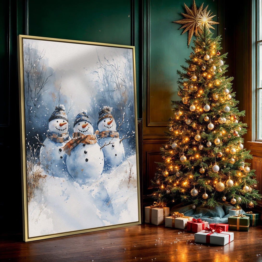 Canvas Print featuring watercolor snowmen in a winter scene, blue and brown palette. Perfect for holiday decor and adding festive cheer to your home!