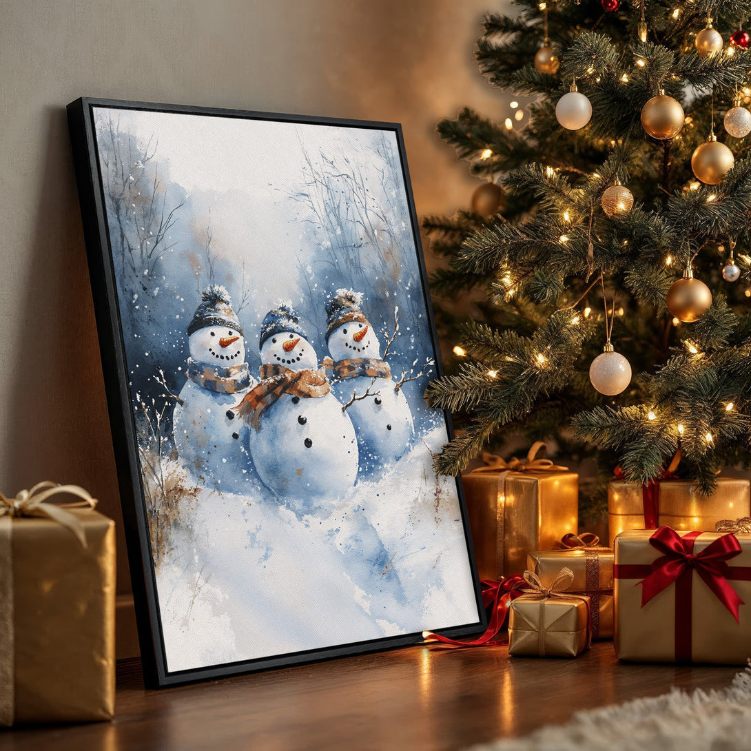 Framed Wall Art featuring watercolor snowmen in a winter scene. Blue and white palette, perfect for holiday decor. Shop now!