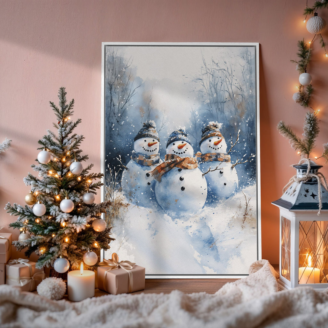 Framed Wall Art: Watercolor snowman print in a winter scene. Blue and white palette, perfect for holiday decor. Cozy and festive!