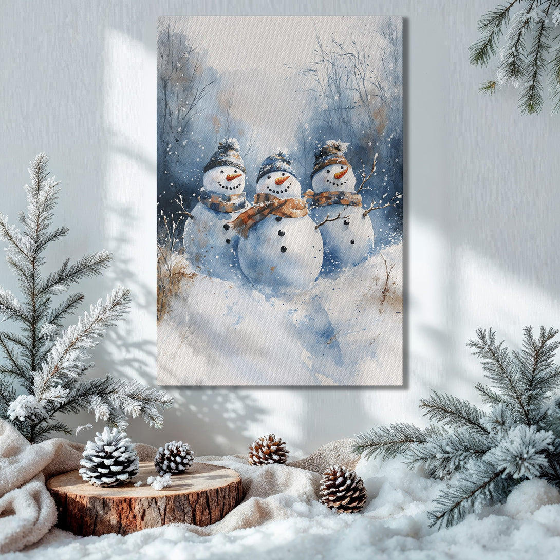 Framed Wall Art: Watercolor snowman scene in blue & white. Perfect winter decor for your home. Shop our Canvas Print collection today!