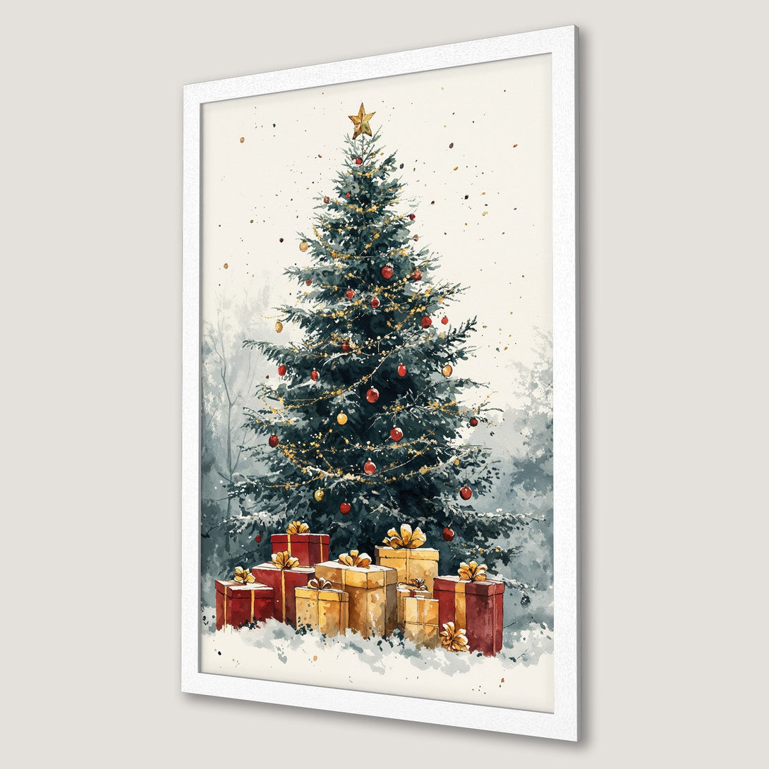 Framed Poster featuring a watercolor Christmas tree with gifts, warm red and gold palette, perfect holiday decor.