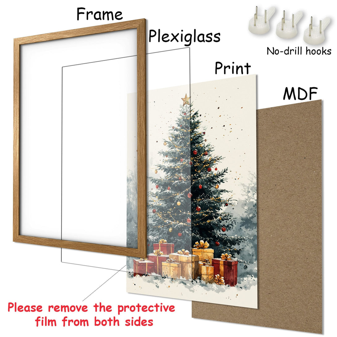 Framed Poster featuring a watercolor Christmas tree with gifts, in a warm, festive color palette. Perfect holiday decor!