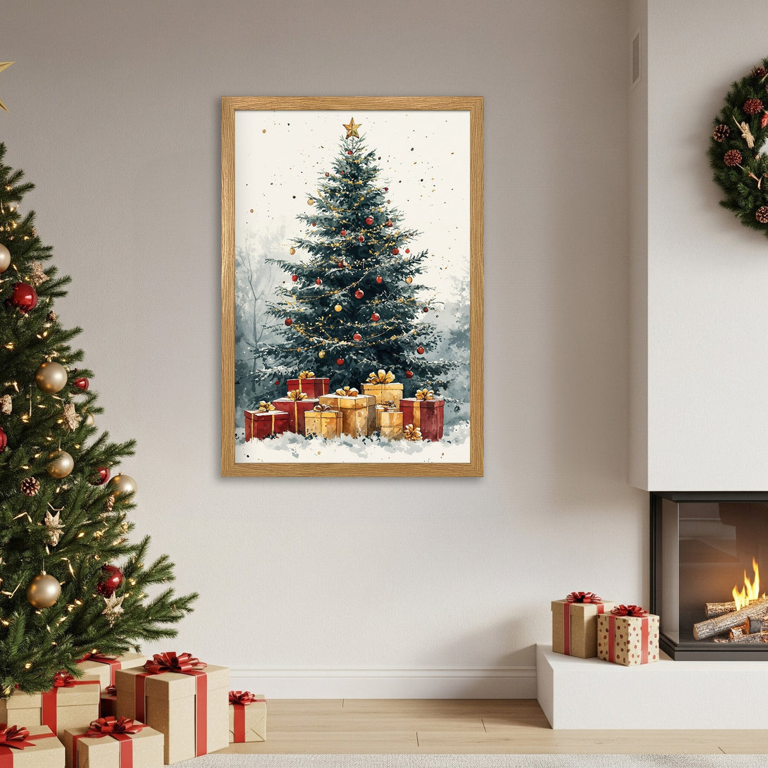 Framed Poster featuring a watercolor Christmas tree with a warm, festive color palette. Perfect holiday decor!
