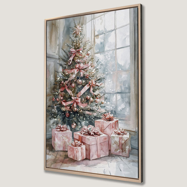 Framed Wall Art: Watercolor Christmas tree with pink bows and gifts. Soft, romantic style in a muted pink and grey palette. Perfect holiday decor.