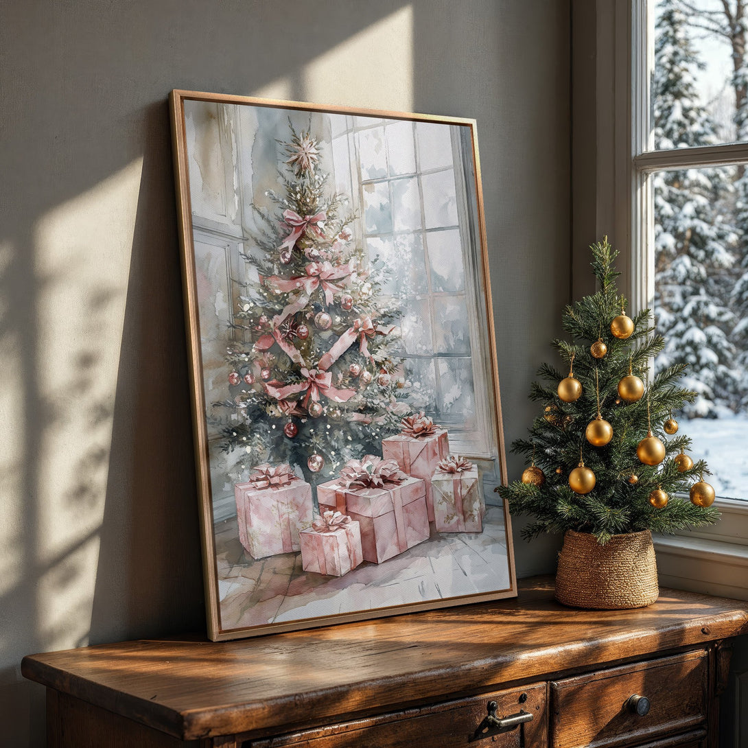 Framed Wall Art featuring a watercolor Christmas tree with pink accents. Elegant and festive decor in soft pink and neutral tones, perfect for holiday home styling.