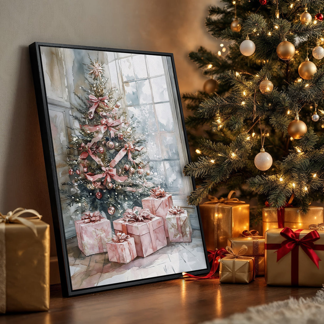 Framed Wall Art: Watercolor Christmas tree print in soft pink and green tones. Perfect holiday decor for a cozy, festive feel.