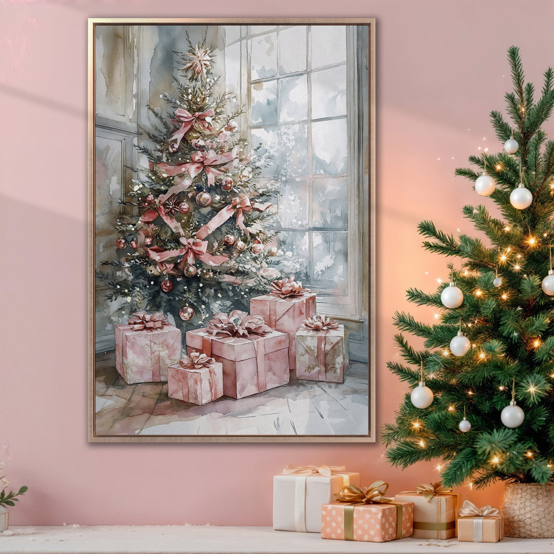 Framed Wall Art: Watercolor Christmas tree with pink bows and gifts. Soft, pastel color palette creates a cozy, festive holiday vibe for your home decor.