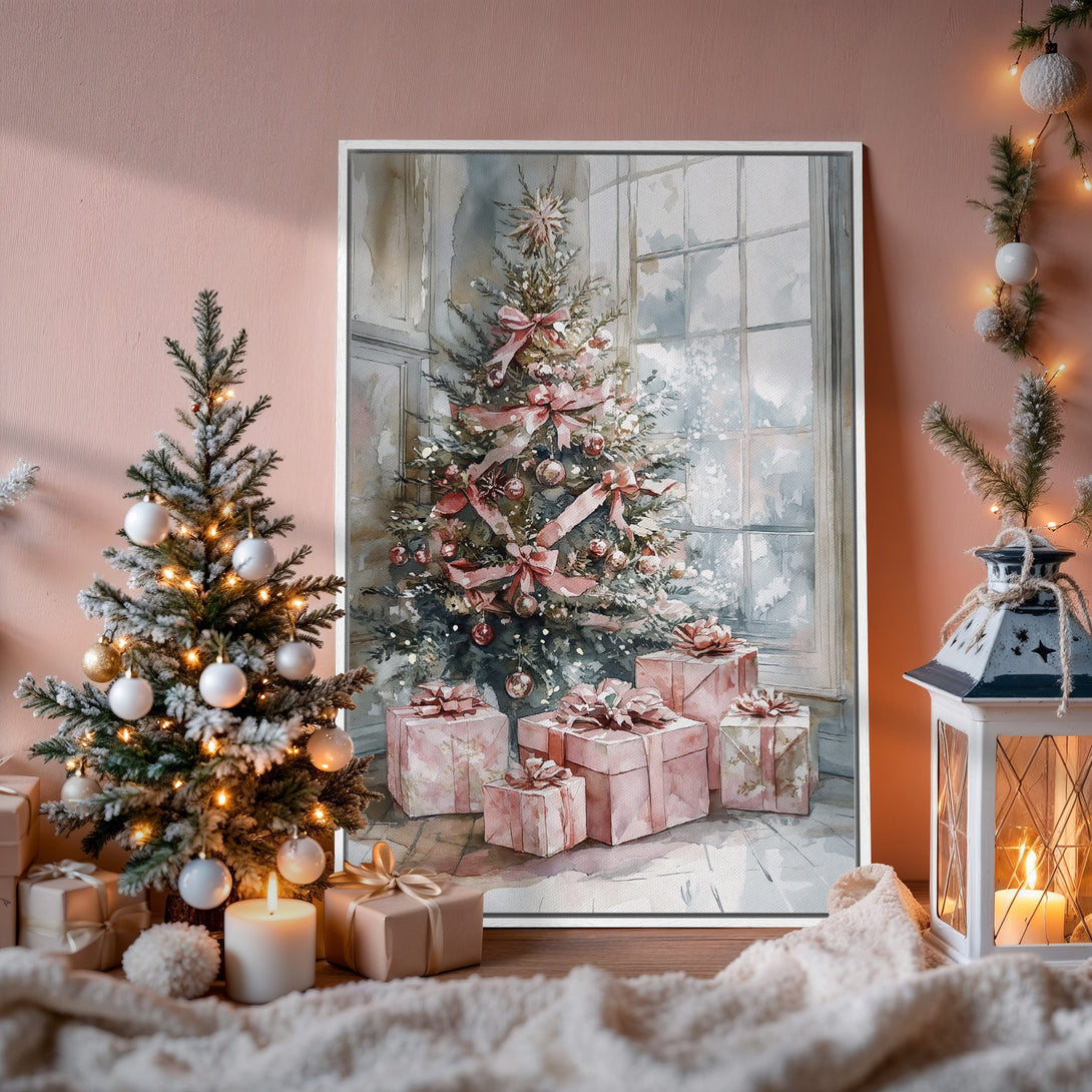 Framed Wall Art: Watercolor Christmas tree print in soft pinks and grays, perfect for holiday decor. Adds a cozy, elegant touch to any room!