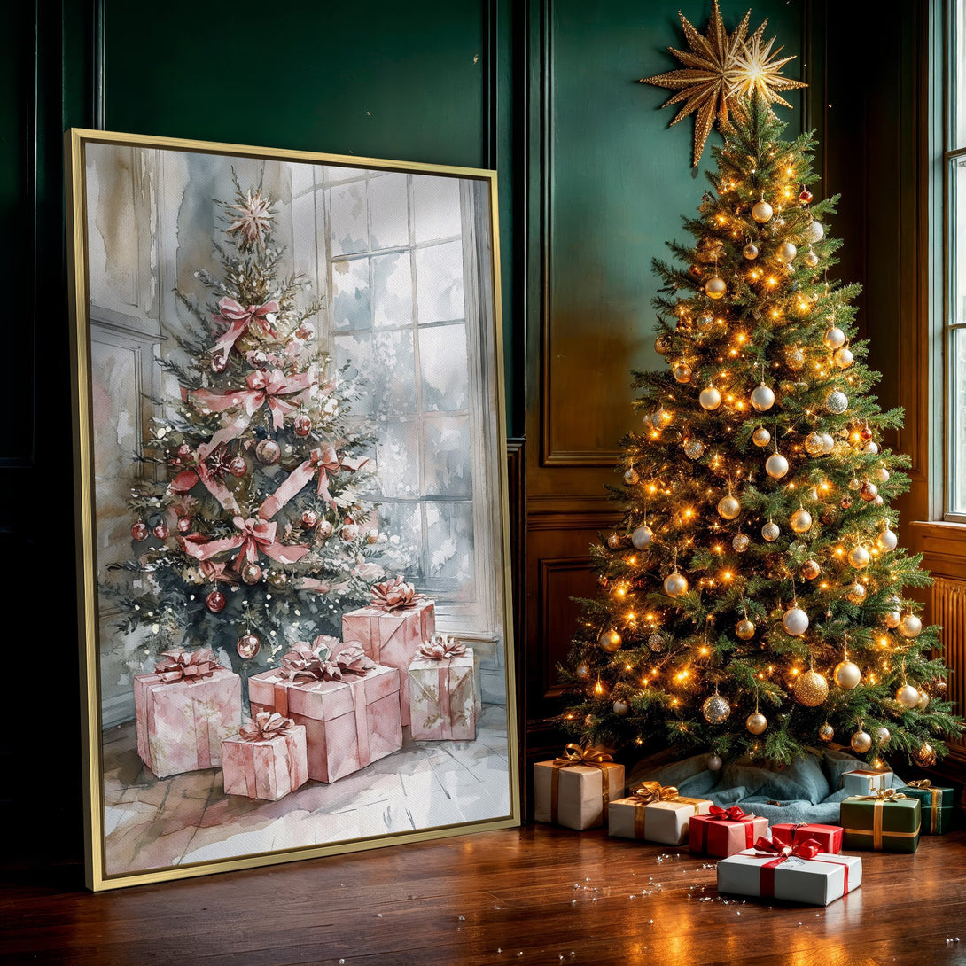 Canvas Print: Watercolor Christmas tree with pink bows and gifts. Soft, pastel color palette. Perfect holiday wall art.