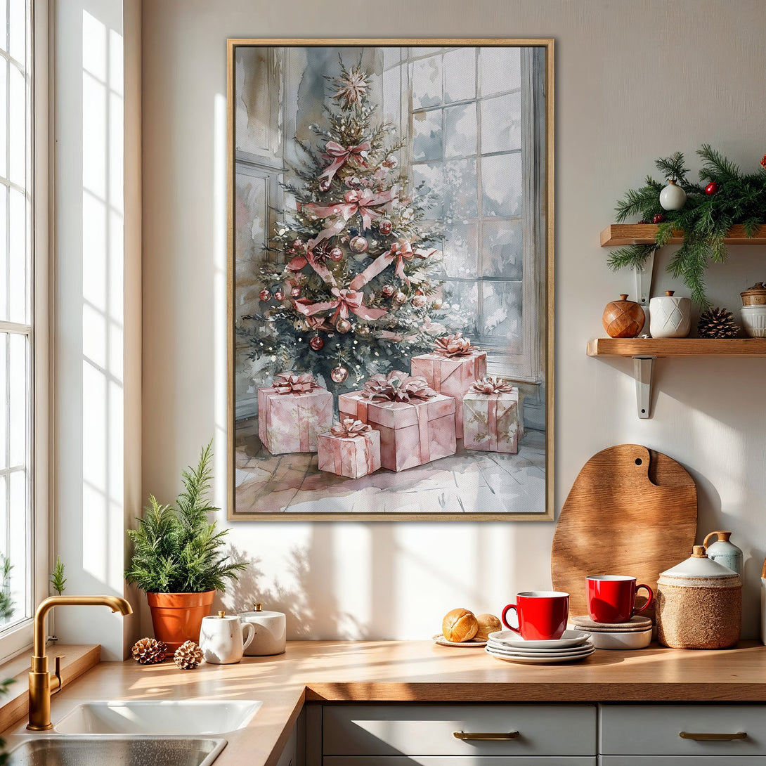 Framed Wall Art: Watercolor Christmas tree with pink bows and gifts. Soft, elegant style with a muted pink and gray color palette. Perfect holiday decor!