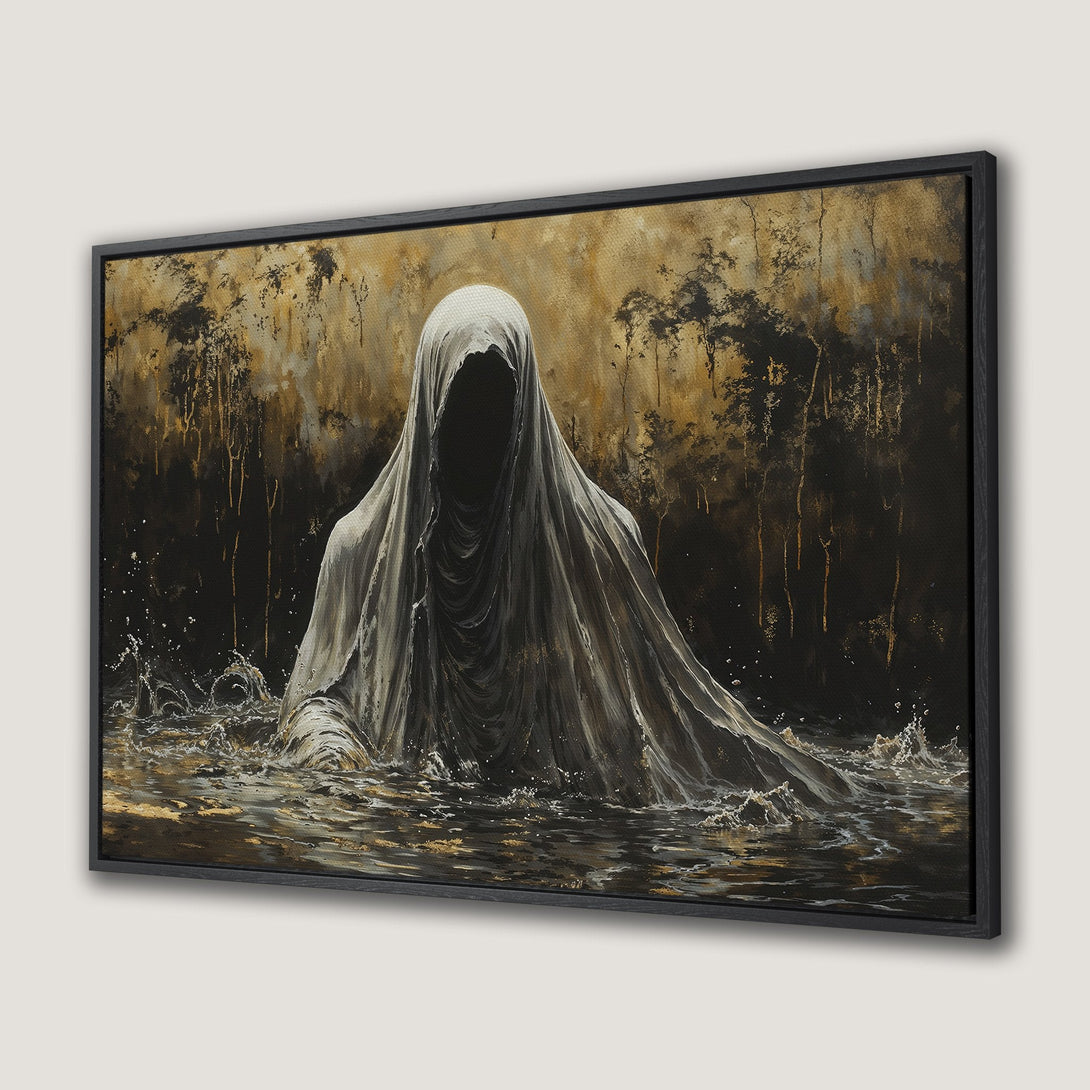 Framed Wall Art: Eerie figure in a dark, atmospheric painting. Dramatic canvas print with a gold, black, and gray color palette. Perfect for gothic decor.