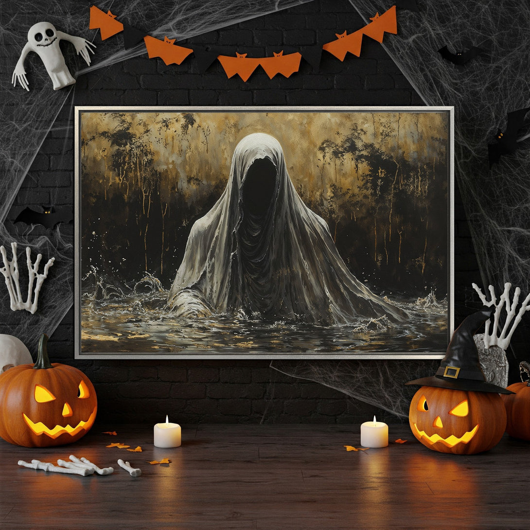 Framed Wall Art: Spooky Halloween artwork with a ghostly figure in a dark, gold, and gray color palette. Perfect for adding a touch of eerie elegance.