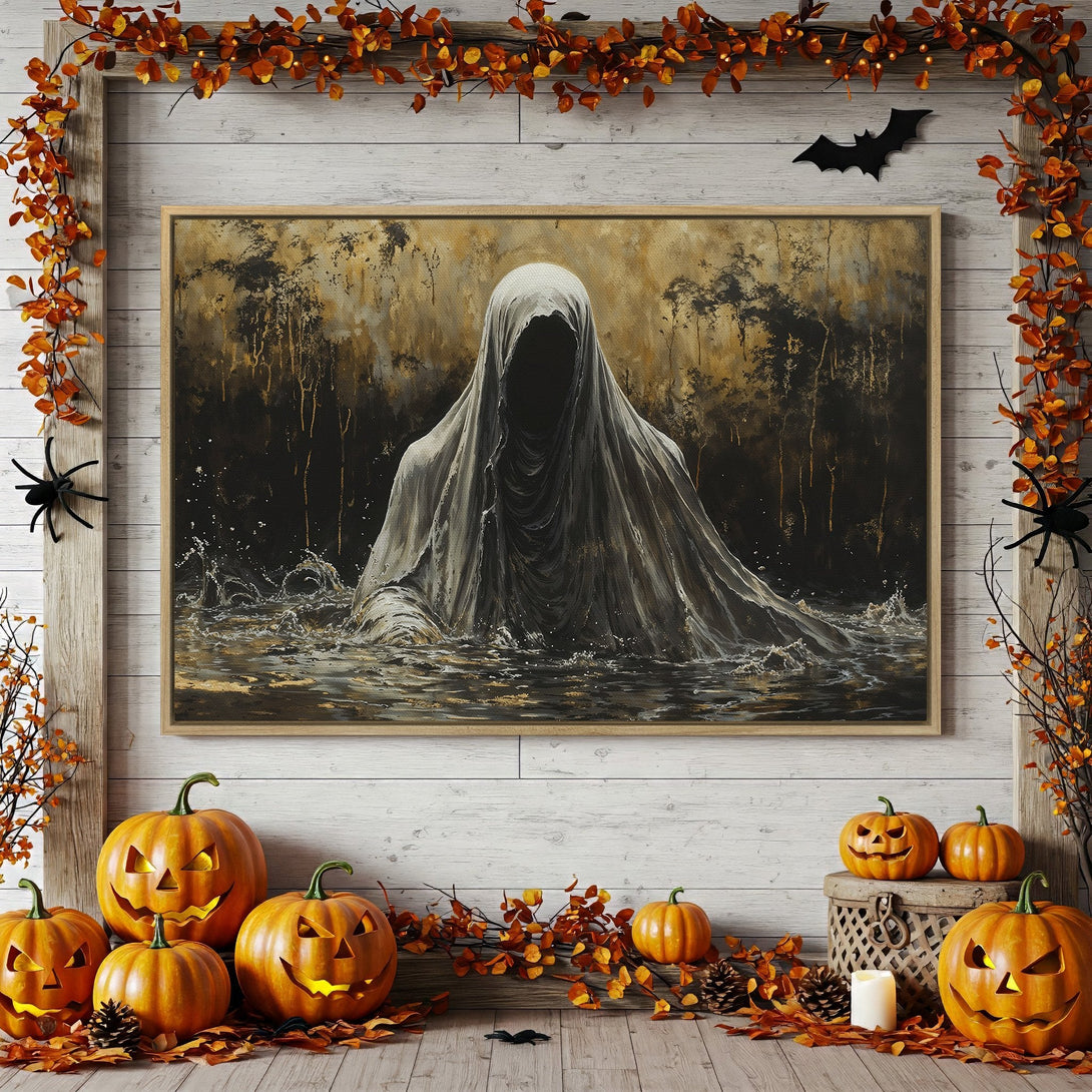 Framed Wall Art: Spooky ghost artwork in a gold, black, and white color palette. Perfect Halloween decor for a chilling ambiance.