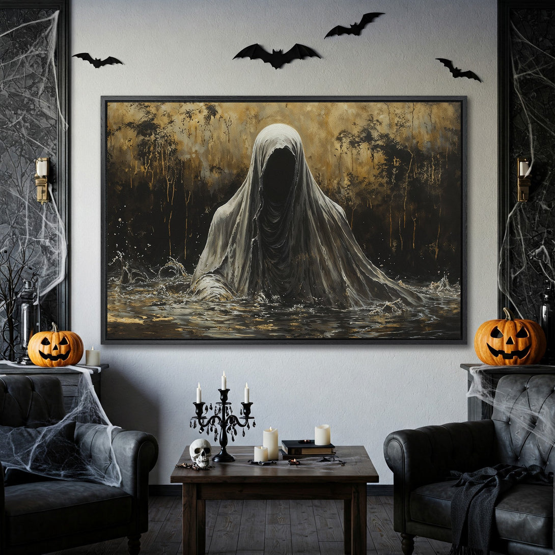 Framed Wall Art: Spooky ghost painting in a Halloween-themed interior. Features a neutral color palette with gold accents. Perfect for seasonal decor!