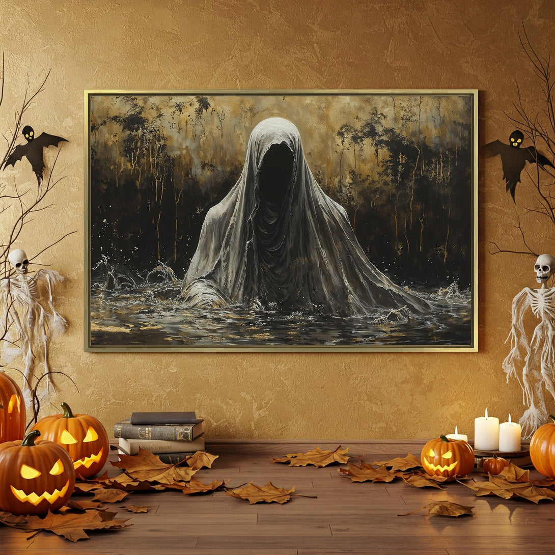 Spooky Halloween Canvas Print featuring a ghostly figure in a dark, gold-toned interior. Perfect for adding a touch of eerie elegance to your decor.