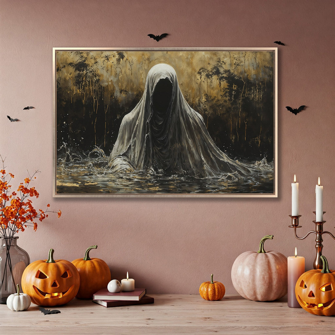 Framed Wall Art: Spooky ghost in a dark, abstract style. Earthy gold and black palette. Perfect Halloween decor.