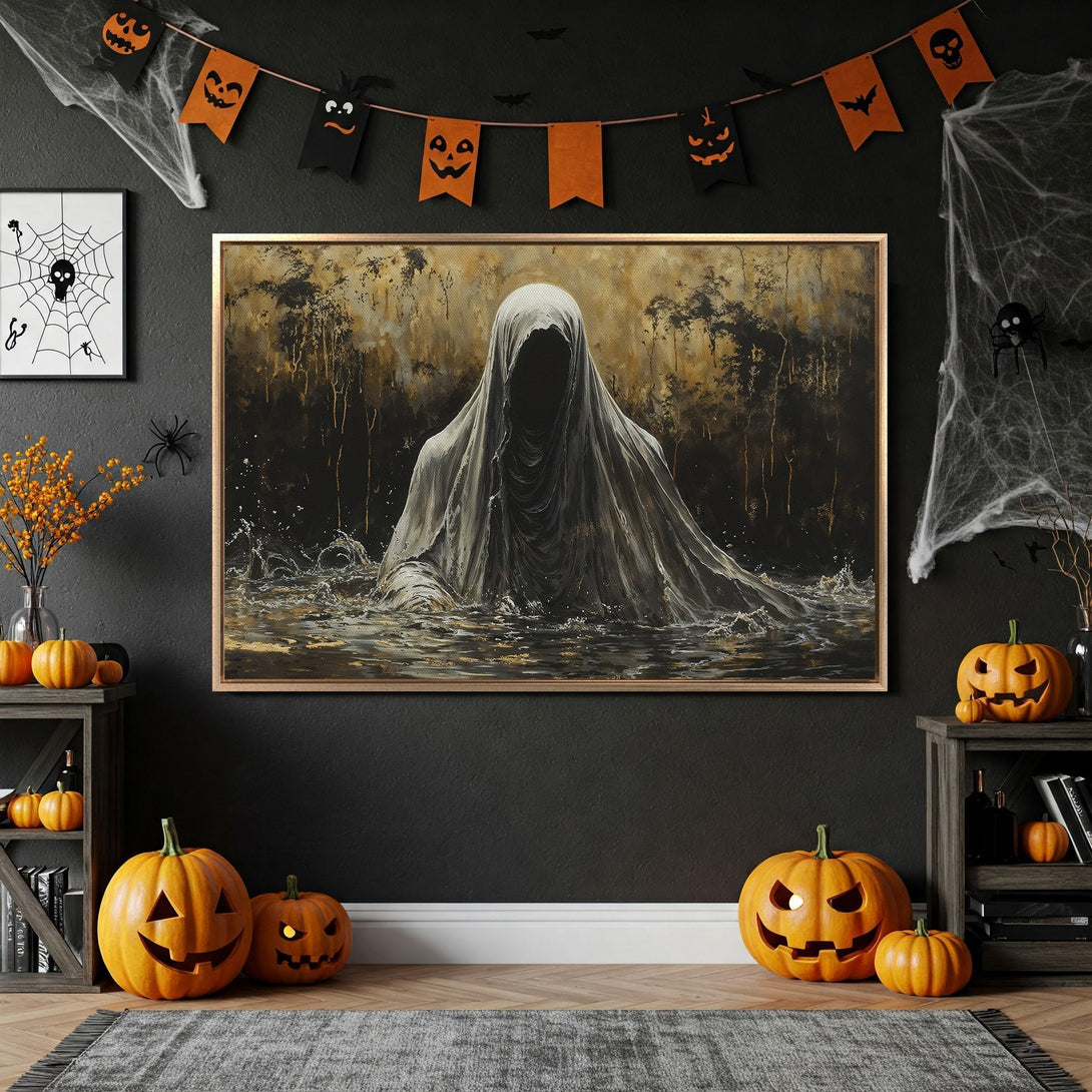 Framed Wall Art: Spooky ghost painting in a dark, gold, and grey color palette. Perfect Halloween decor! Add a touch of mystery to your space.