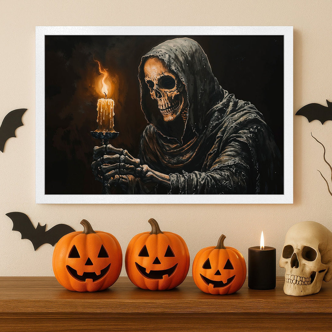 Framed Poster featuring a spooky skeleton holding a candle. Dark, gothic style with orange, black, and beige color palette. Perfect Halloween decor!