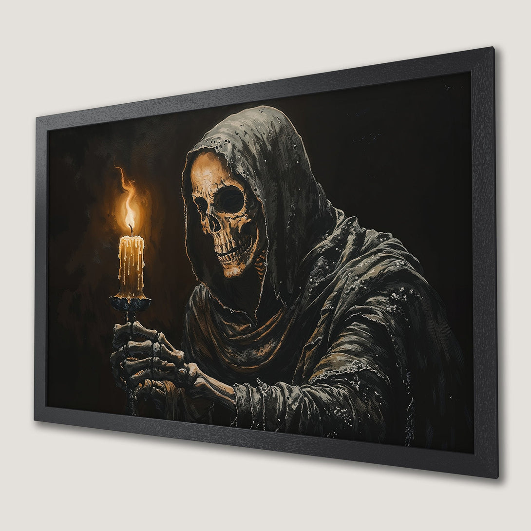 Framed Poster featuring a skeletal figure in a dark robe, holding a candle. Gothic art style with a dark, warm color palette. Perfect for Halloween!