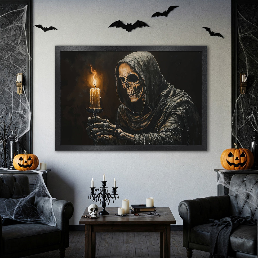 Framed Poster featuring a spooky skeleton holding a candle. Dark, gothic style with a warm, candlelit color palette. Perfect Halloween decor!