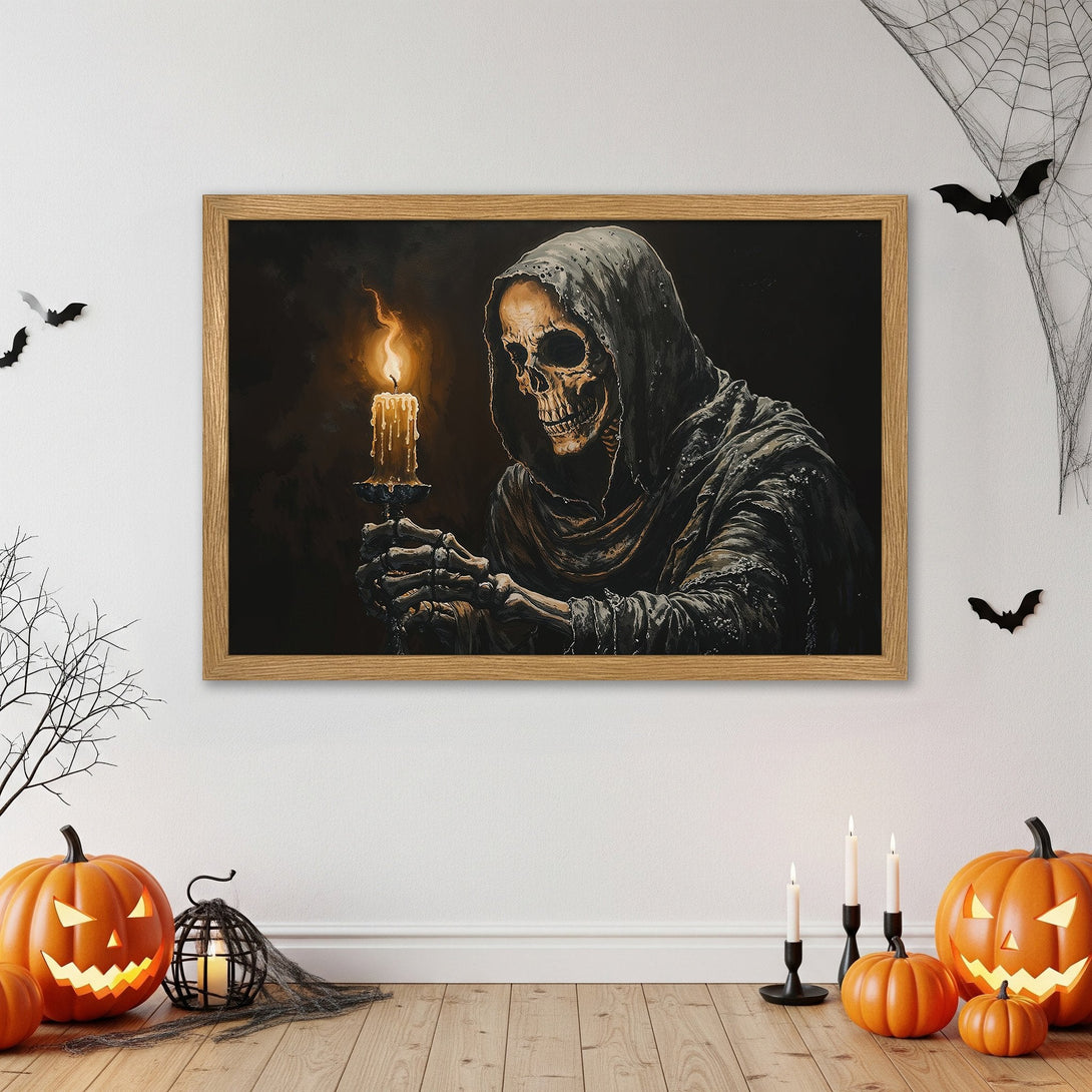 Framed Poster of a spooky skeleton holding a candle, dark art style, warm orange and black color palette, perfect Halloween decor.