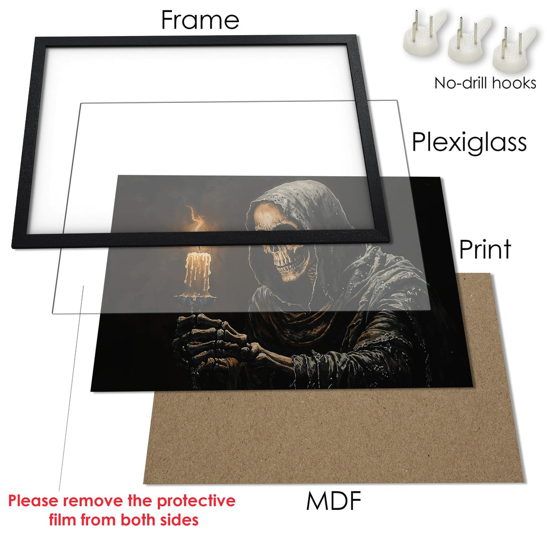 Framed Poster featuring a gothic skull art print in dark tones. Perfect for adding a spooky, artistic touch to any room.